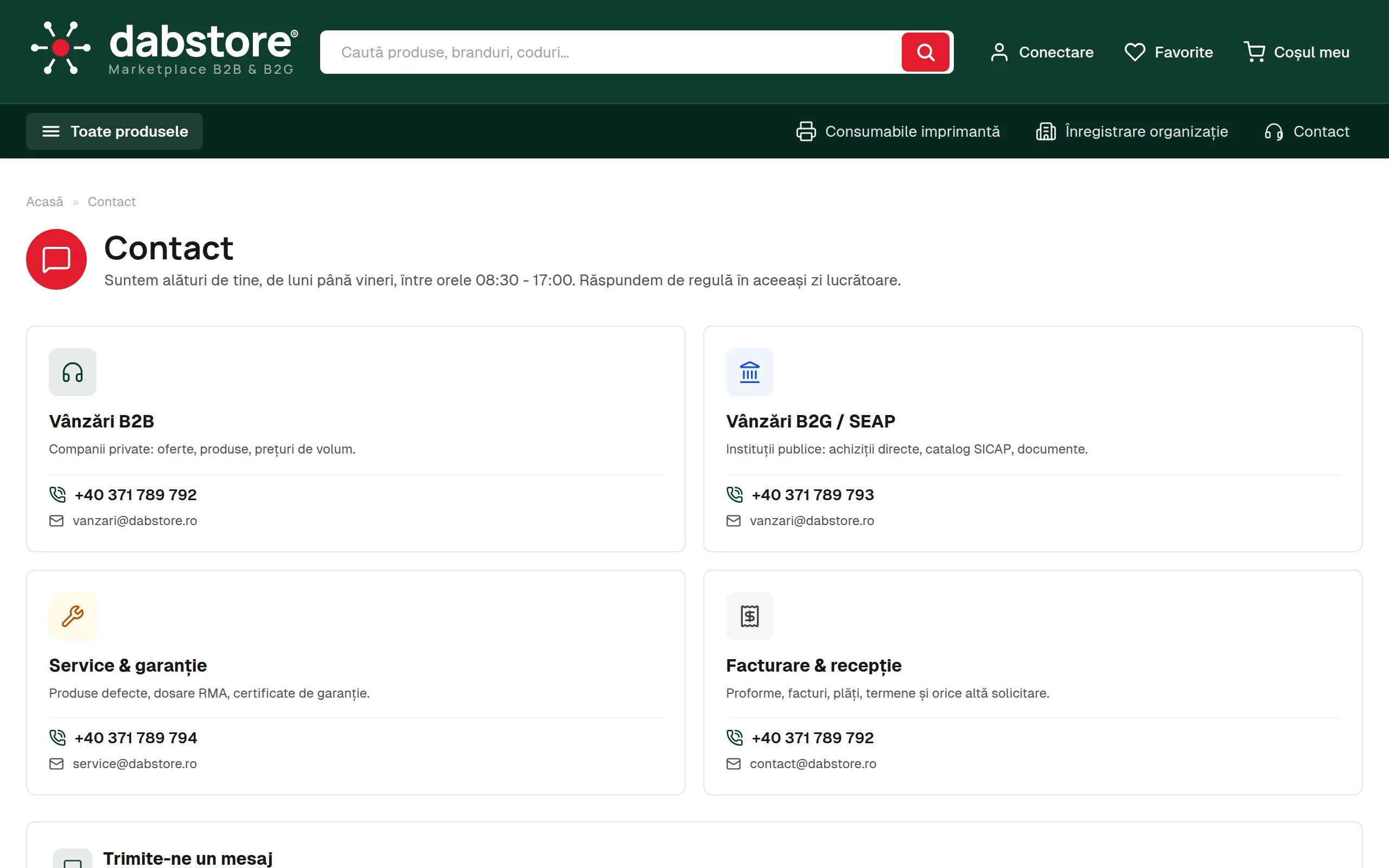 Pagina de contact dabstore.ro cu formular și datele companiei