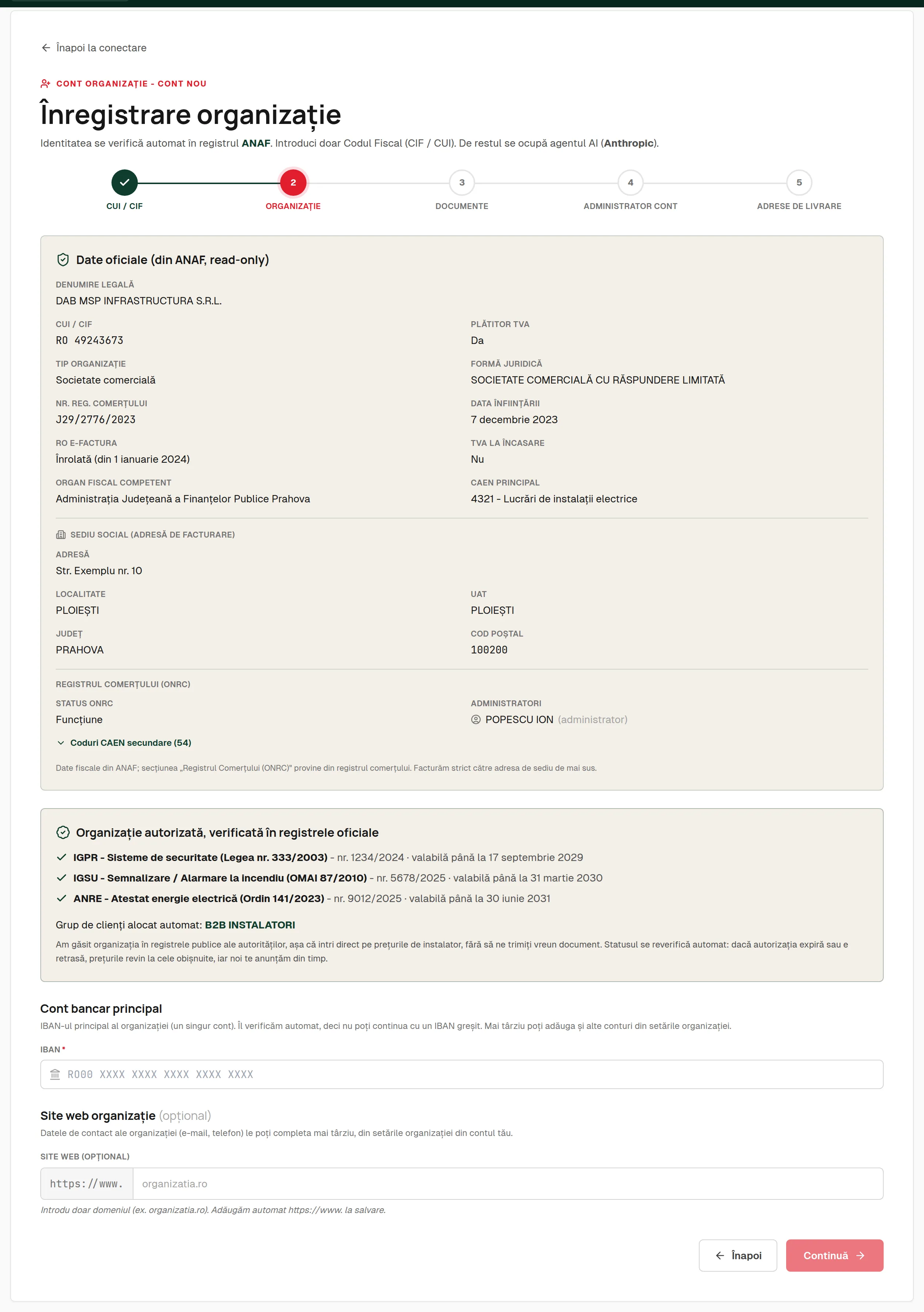 Pasul 2: datele oficiale aduse automat din ANAF, read-only