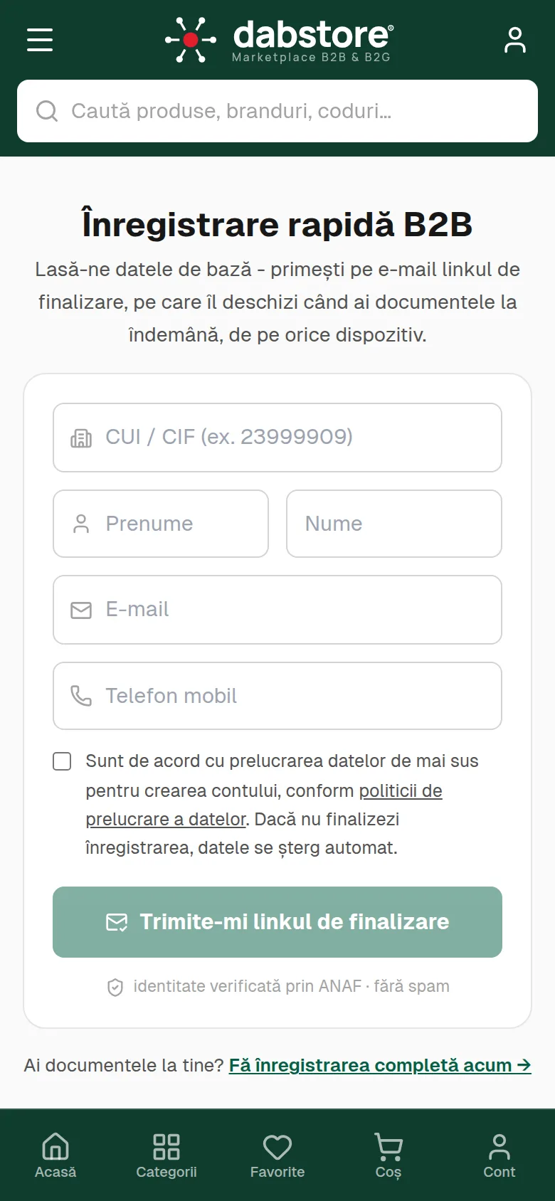 Formularul rapid de înregistrare pe telefon: CUI, nume, e-mail, telefon