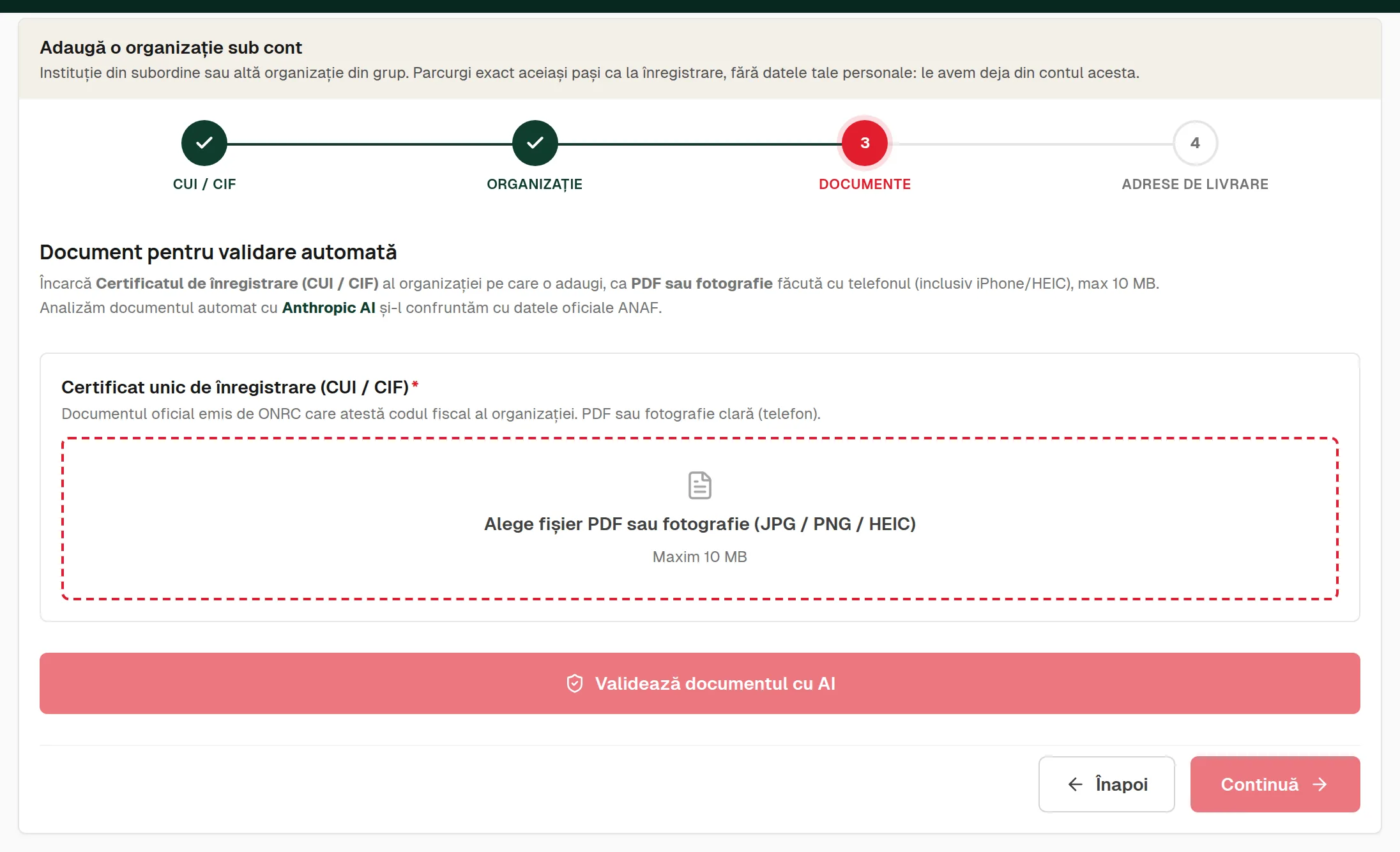 Pasul 3: încărcarea certificatului CUI/CIF și butonul Validează documentul cu AI