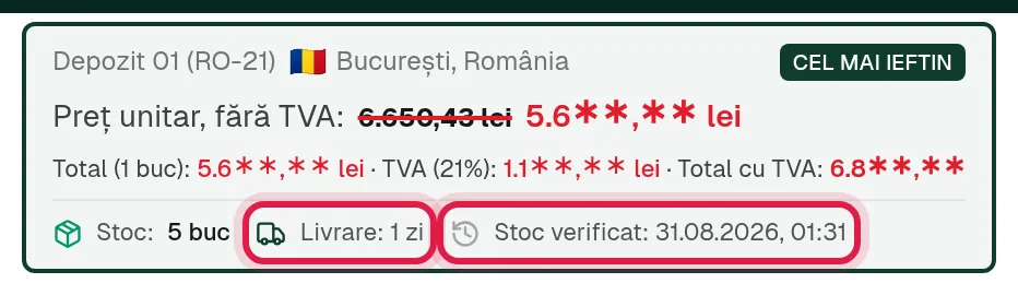O ofertă în detaliu: preț fără TVA, TVA, total, stoc, Livrare 1 zi și Stoc verificat cu data și ora