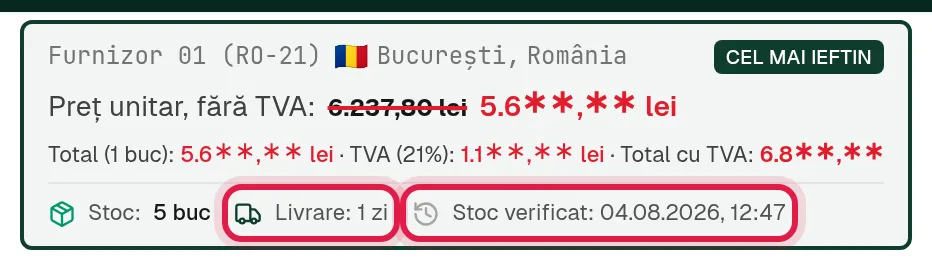 Detaliul unei oferte cu preț, livrare și stoc verificat cu data și ora