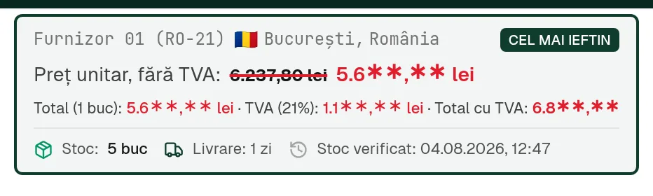 Panoul ofertelor cu statusul de stoc, numărul de furnizori, mențiunea Livrat de dabstore și prețurile fără și cu TVA