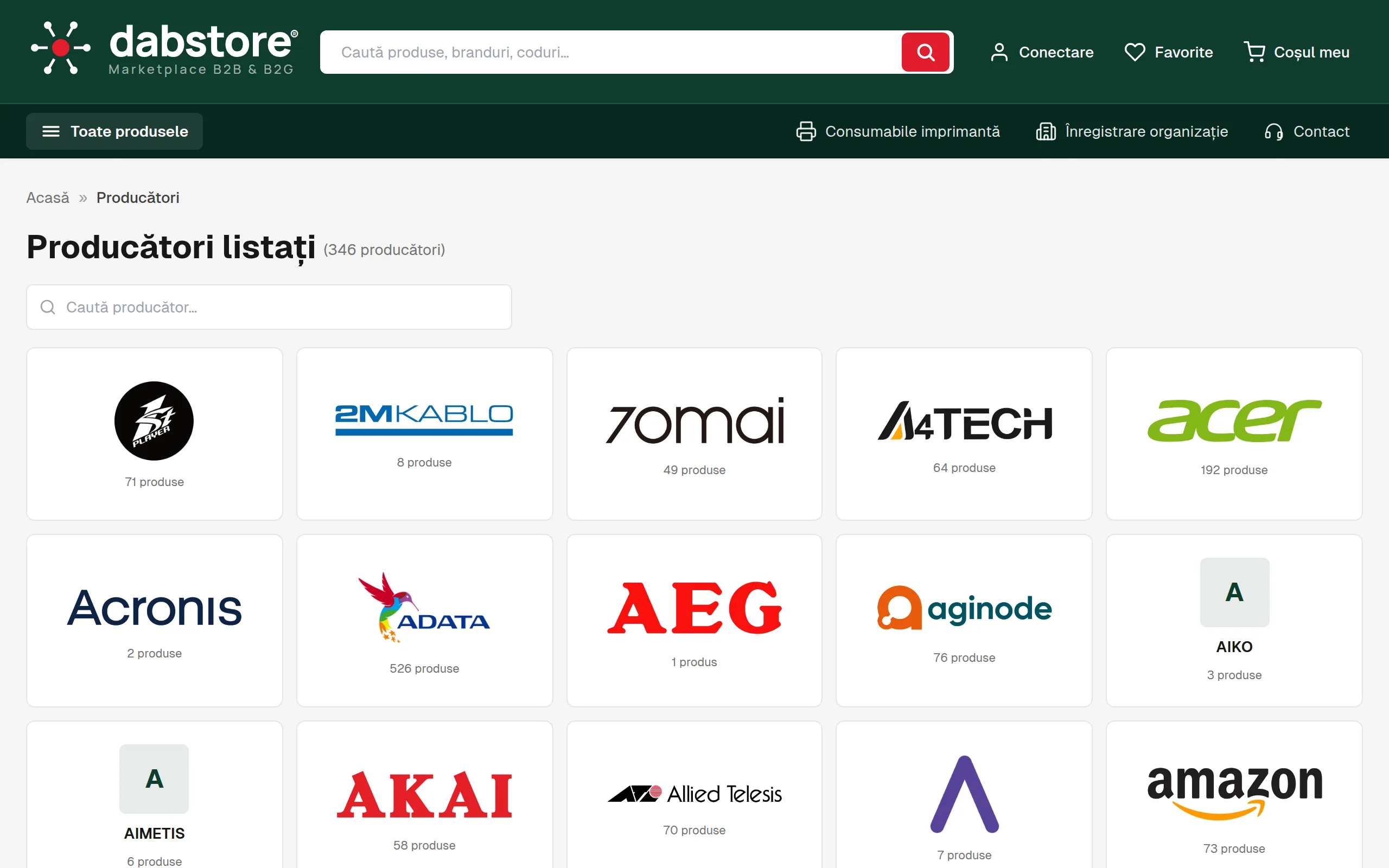 Pagina cu toate brandurile disponibile pe dabstore.ro