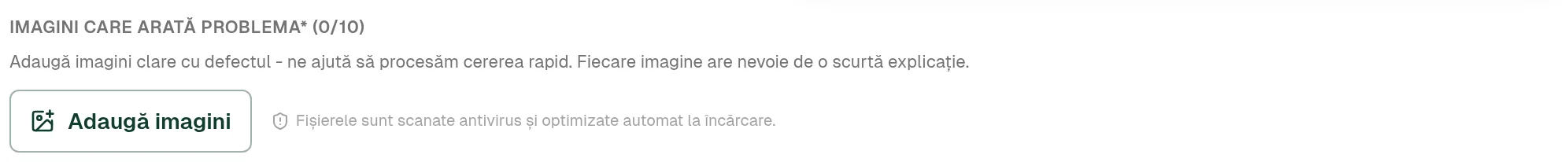Zona de dovezi foto din formularul de service, cu contorul de imagini și mențiunea de scanare antivirus