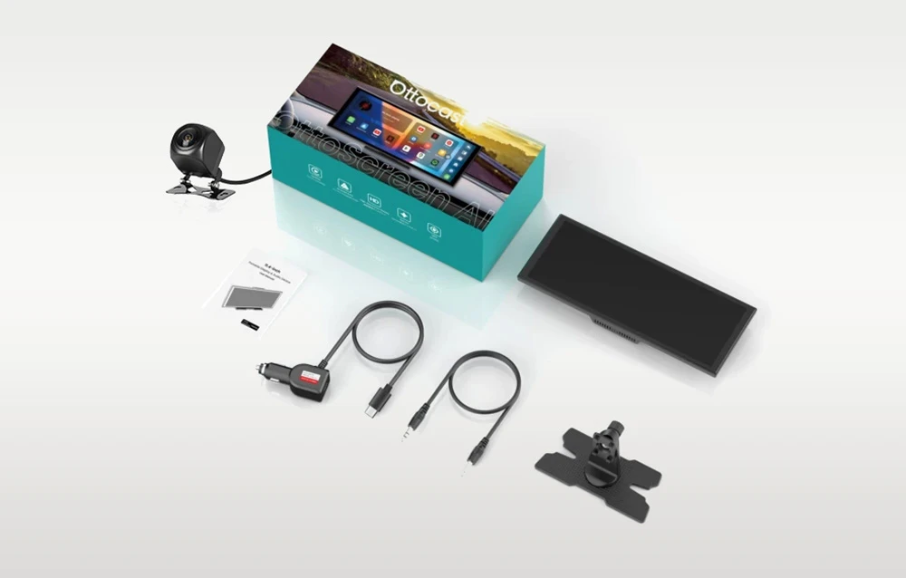 Kit Ottocast: cutie, ecran, manual, două cabluri negre, mufă pentru brichetă, cameră și suport