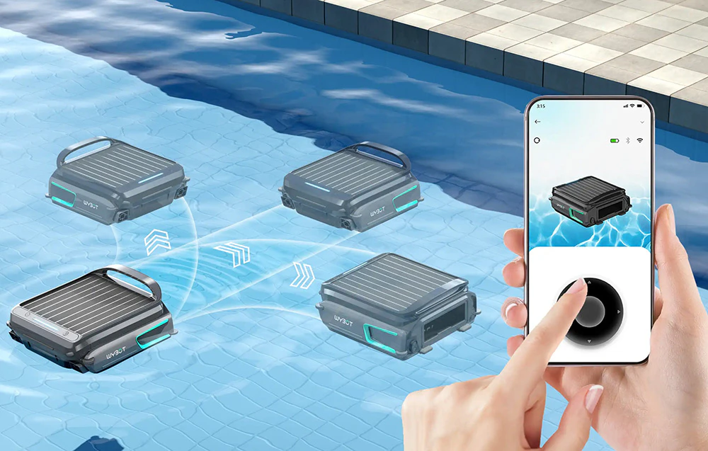 Smartphone controlând robotul Wybot F1 care curăță piscina