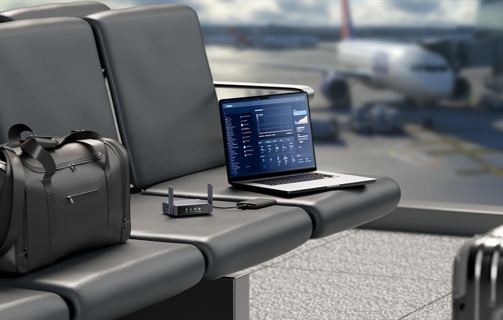 Un laptop cu un router conectat la o baterie externă și o geantă se află pe scaune negre la aeroport