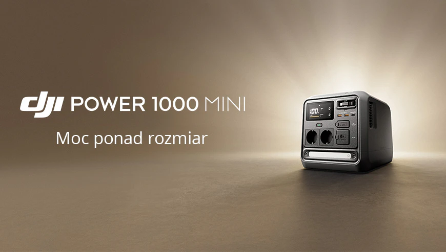 Stația de alimentare portabilă este așezată pe o suprafață netedă, cu logo-ul DJI și textul „POWER 1000 MINI” vizibile în apropiere Putere peste dimensiunile sale