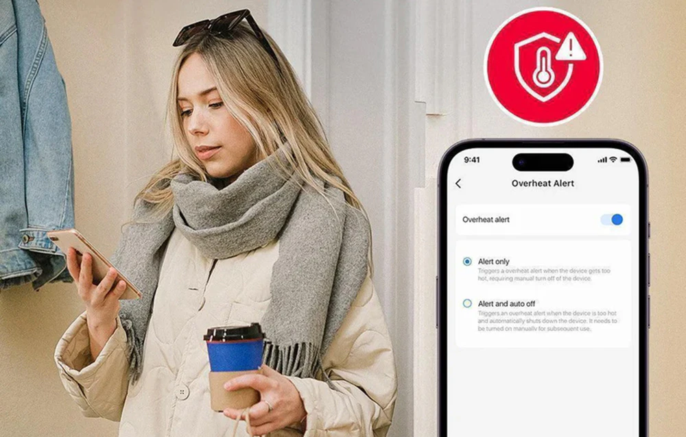 O femeie cu telefonul și cafeaua se uită la ecran, lângă o pictogramă de alertă de supraîncălzire și un ecran de smartphone cu setările de notificare