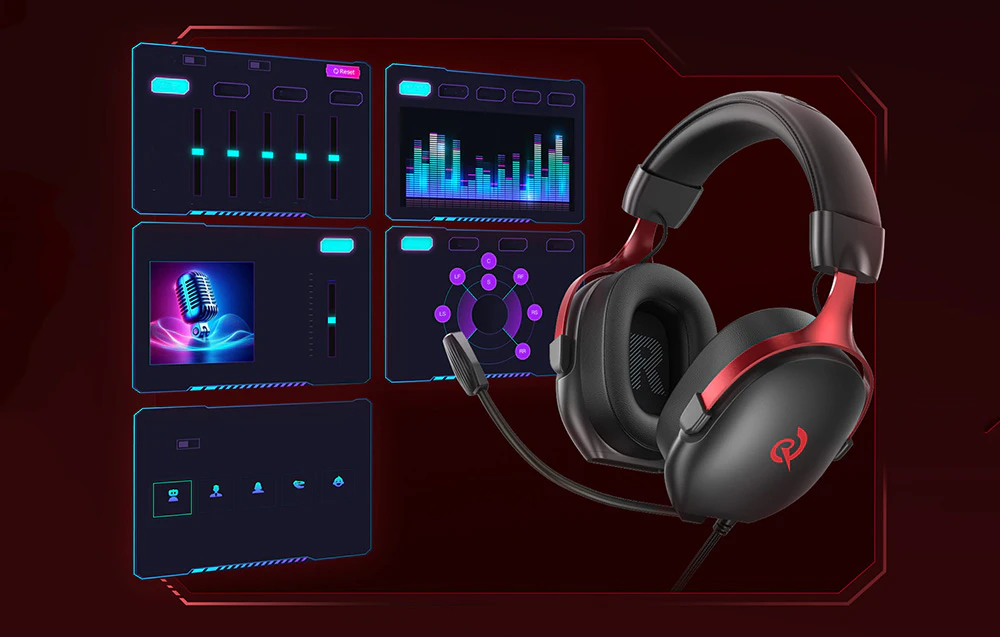 Căști pe fundalul unei interfețe software cu setări audio și un egalizator grafic.