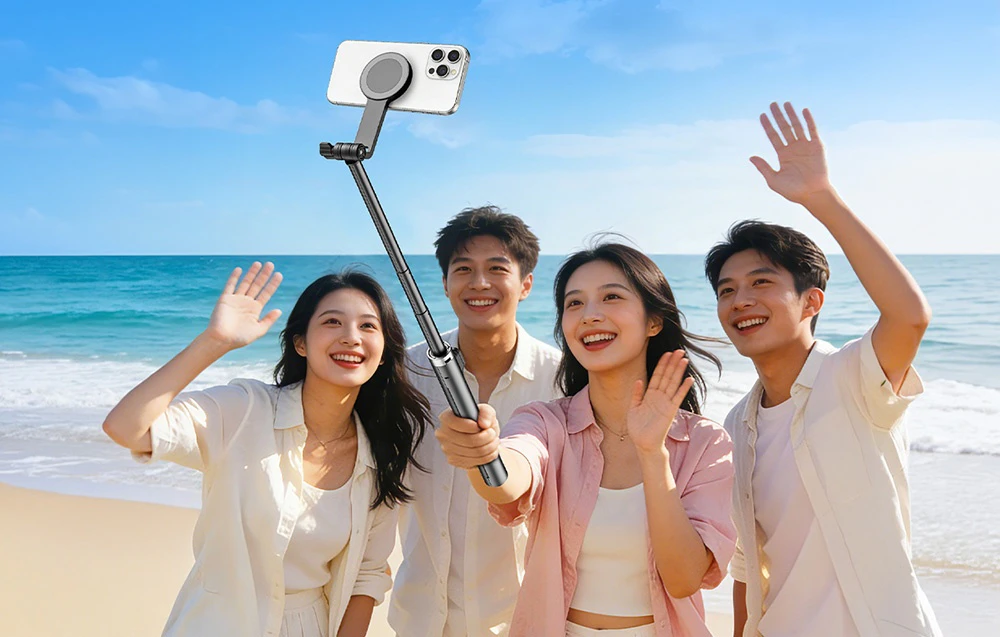 Un grup de persoane pe plajă care fac o fotografie de grup cu un smartphone montat pe suportul magnetic al gimbalului Aochuan