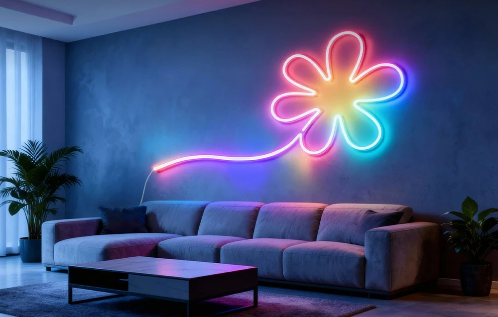 Un panou luminos multicolor în formă de floare, montat pe un perete întunecat într-un living modern.