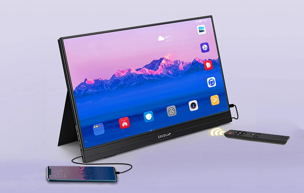 Monitor portabil ZEUSLAP cu meniu Smart TV, conectat la un smartphone, cu telecomanda vizibilă
