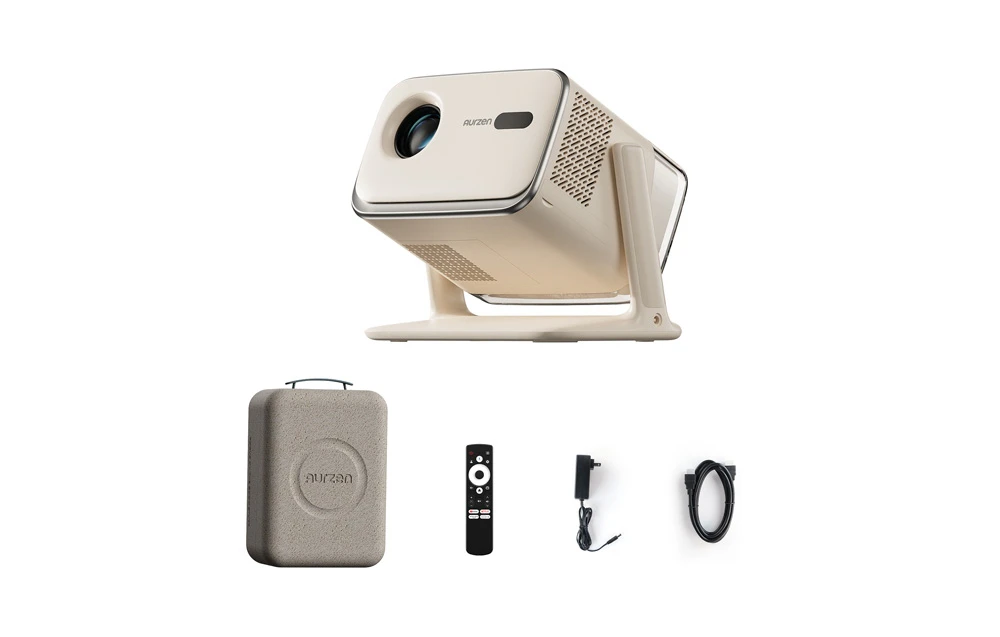 Un proiector Aurzen alb cu accesorii: o cutie gri, telecomandă, adaptor de alimentare și cablu HDMI pe un fundal alb