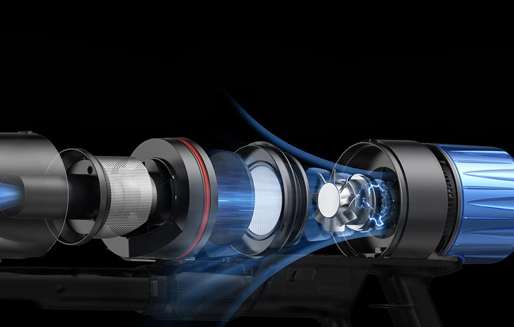 Componentele sistemului de filtrare a aerului cu mai multe straturi din aspiratorul fără fir Proscenic P15, așezate în ordine