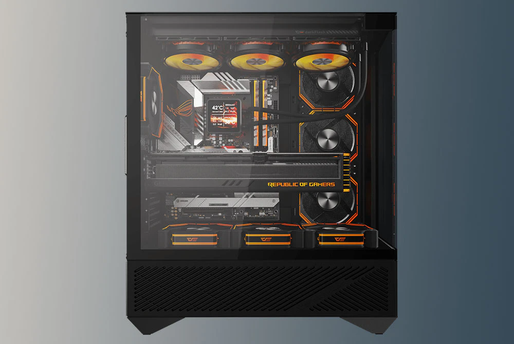 Interiorul computerului de gaming cu trei ventilatoare AIO galbene și placa grafică Republic of Gamers
