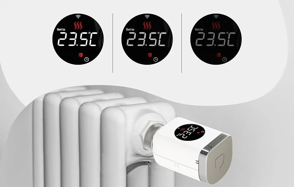 Trei imagini ale afișajului termostatului care indică temperatura setată și dispozitivul montat pe un radiator alb.