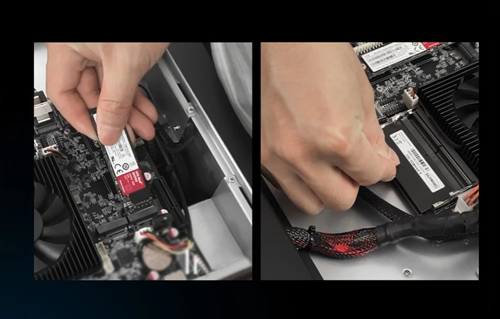 Două fotografii care ilustrează instalarea unui SSD M.2 și a unui modul de memorie în interiorul serverului