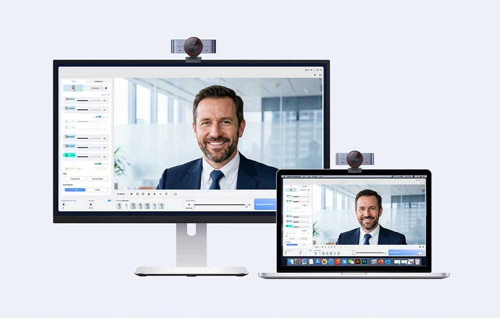 Două computere care rulează un software pentru ajustarea fluxului video de la camerele web EMEET montate pe monitoare