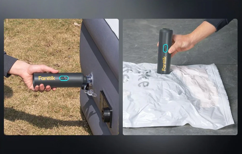 2 fotografii: o saltea umflată și aer aspirat din sacul de aspirare cu ajutorul aspiratorului auto Fanttik.
