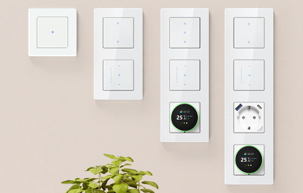 Comutatoare de lumină tactile, priză și termostat pe perete luminos