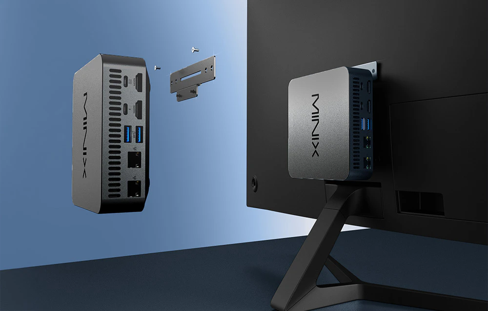 Cum se conectează Mini PC N512 la monitor folosind un suport VESA și Mini PC-ul deja conectat.
