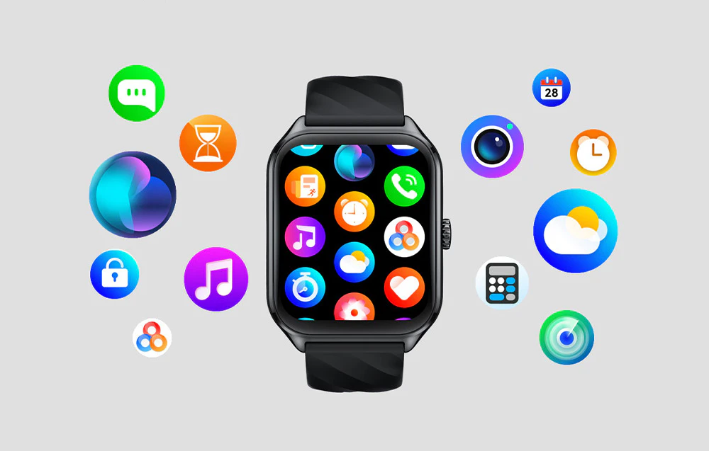 Un smartwatch Zeblaze de culoare neagră care afișează diferite pictograme de aplicații și funcții, cu alte pictograme de funcții în jurul său