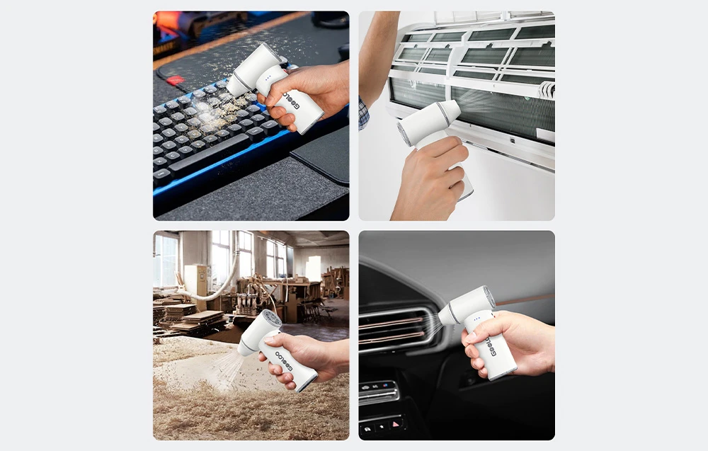 Un dispozitiv GOOLOO alb folosit pentru a curăța o tastatură, un aparat de aer condiționat, rumegușul și gurile de aerisire ale mașinii
