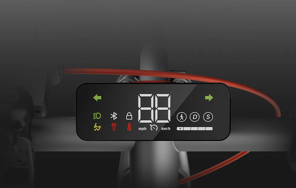 Ecranul scuterului afișând pictogramele Bluetooth, lacăt și temperatură, precum și unitățile mph și km/h