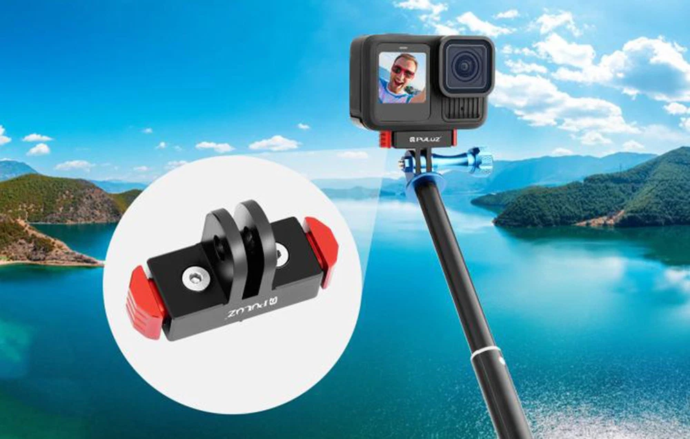Cameră de acțiune pe un stativ telescopic pe fundalul unui lac și un prim-plan al suportului magnetic.