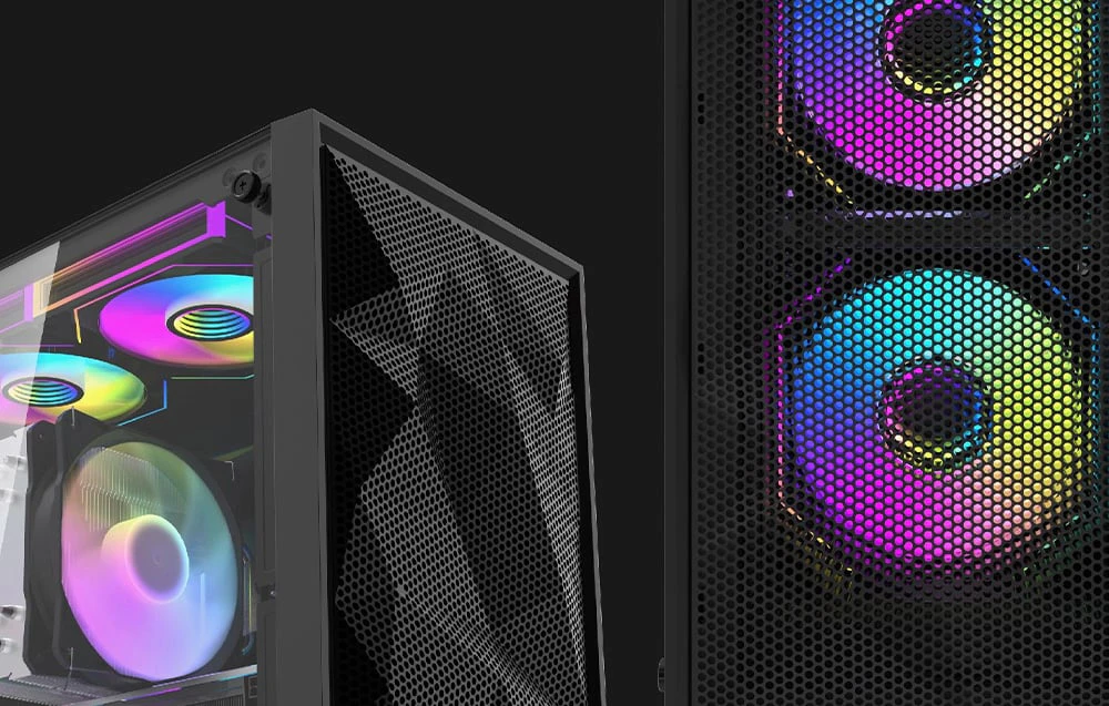 Carcasă de computer Darkflash M305 Mesh de culoare neagră, alături de ea este un prim plan al ventilatoarelor.