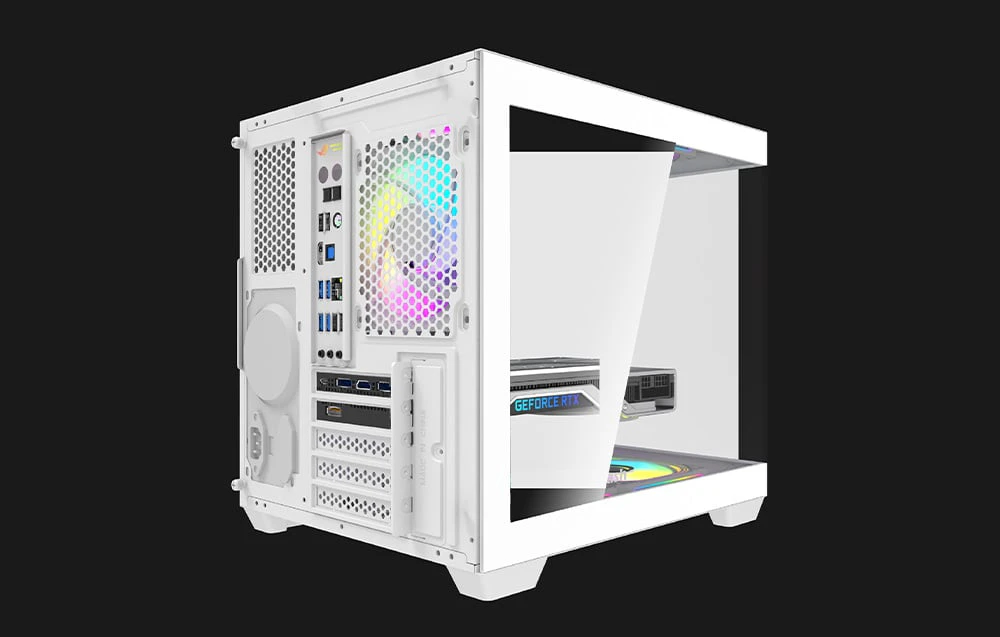 Carcasă de computer Darkflash C275P de culoare albă pe fundal negru.