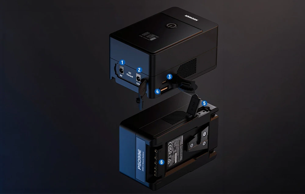 Grafic care prezintă conectorii bateriei: ieșiri DC, USB-A, USB-C, porturi D-TAP și atașament V-Mount.
