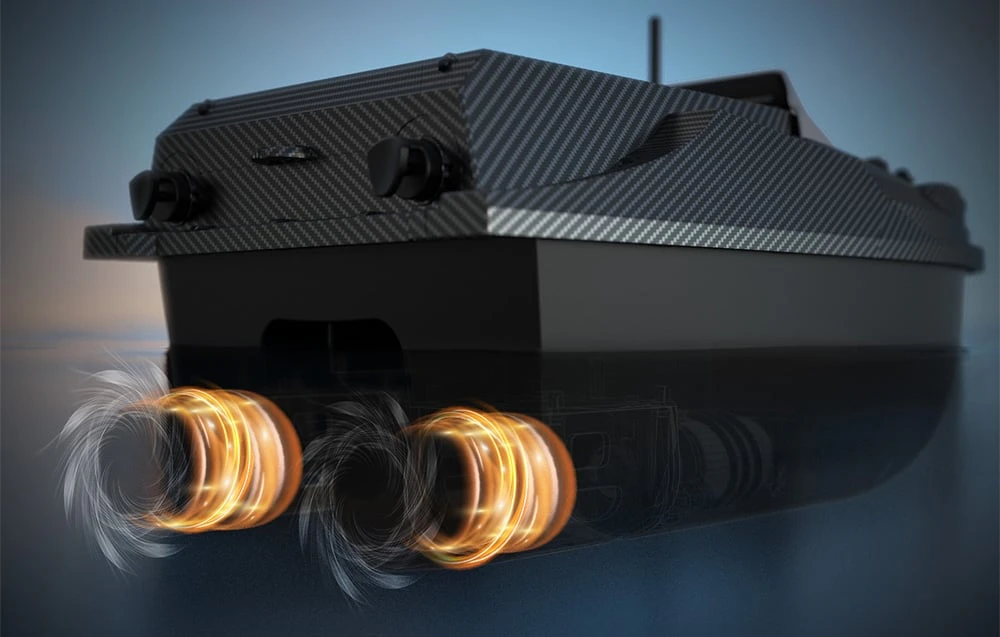 Barca de momeală RC din carbon cu două elice rotative reprezentate ca lumini spirale de culoare auriu-portocaliu