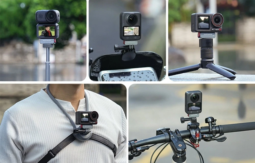 Cameră de acțiune pe adaptor Sunnylife în diferite scenarii de utilizare: bicicletă, trepied, ham