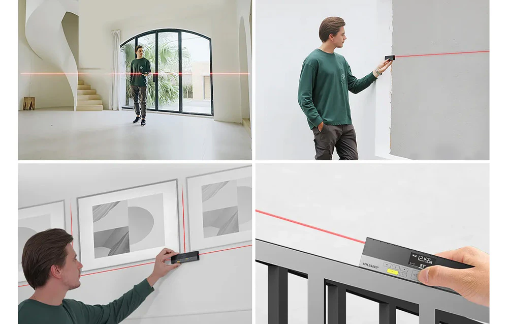 Patru fotografii care arată utilizarea telemetrului laser pentru măsurarea camerelor, agățarea tablourilor și verificarea nivelurilor.
