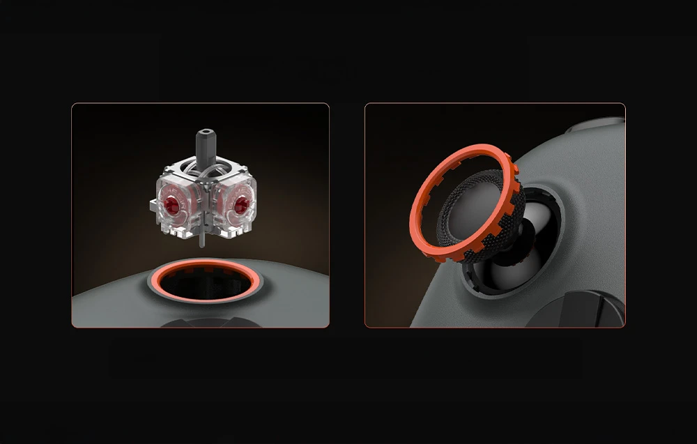 Prim plan al componentelor interne ale joystick-ului controlerului GameSir - mecanism și inel anti-alunecare.