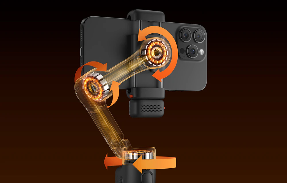Smartphone-ul montat pe gimbal, cu direcțiile motoarelor marcate cu săgeți.