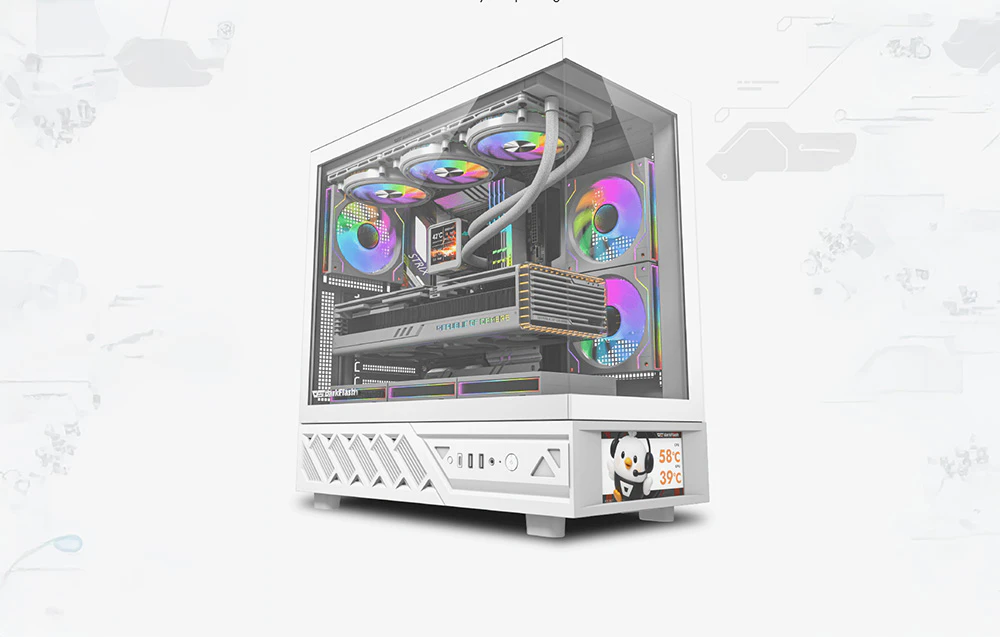 Diagramă a fluxului de aer într-o carcasă albă cu pictograme în jurul computerului cu RGB