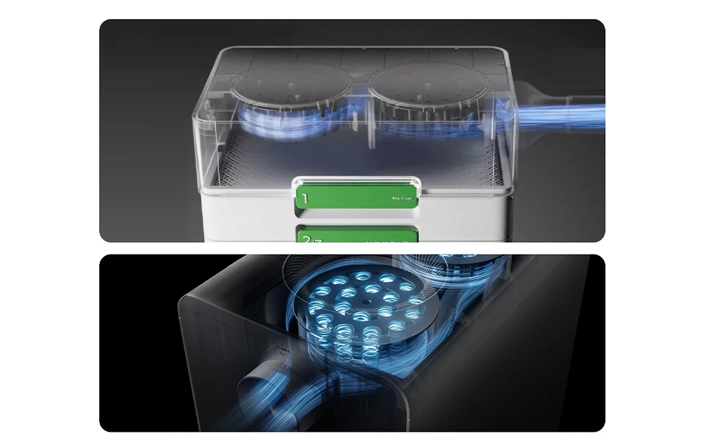 Vizualizare a sistemului de filtrare a aerului în canistra de fum xTool cu iluminare de fundal albastră