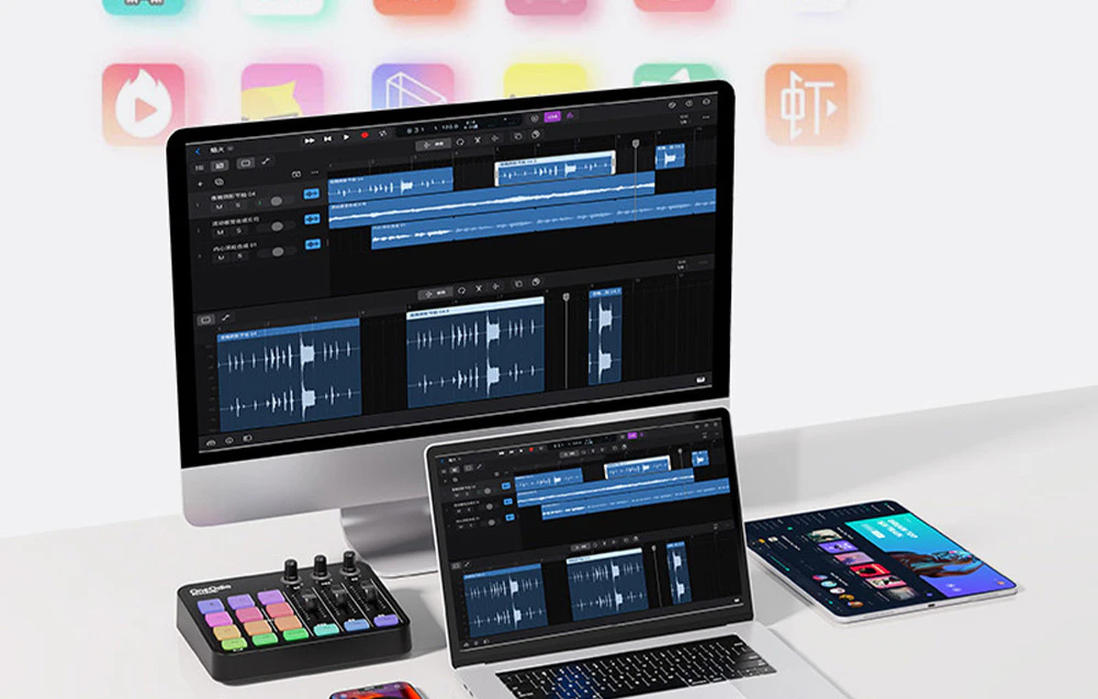 Mixer audio OneOdio Solocaster conectat la computere desktop, laptop și tabletă cu software DAW open source