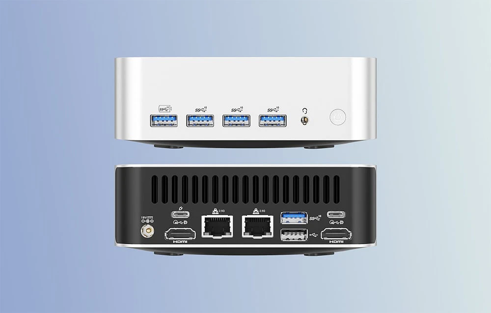 două mini computere pe fundal albastru, unul dintre ele așezat cu spatele la cameră și celălalt cu fața la cameră