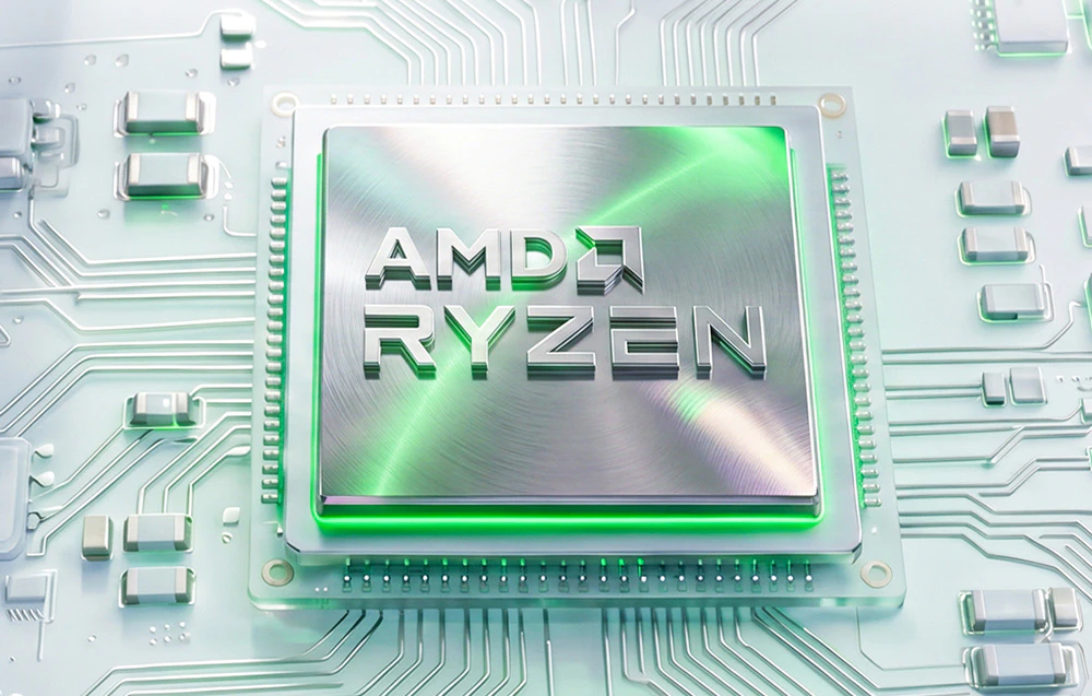 Grafică cu logo-ul AMD Ryzen reprezentat pe un layout stilizat al procesorului.