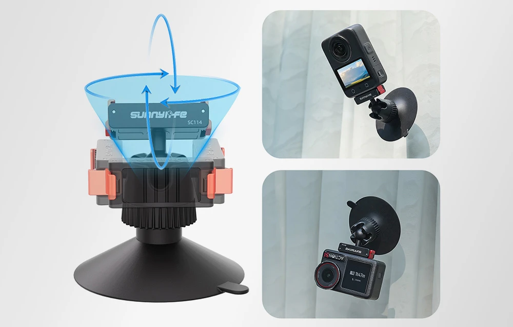Trei imagini care arată suportul magnetic cu ventuză și o diagramă a rotației sale la 360 de grade.