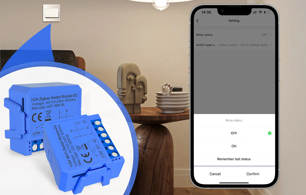 Smartphone cu aplicație de control a modulului Zigbee care prezintă opțiuni pentru pornirea și stocarea stării releului