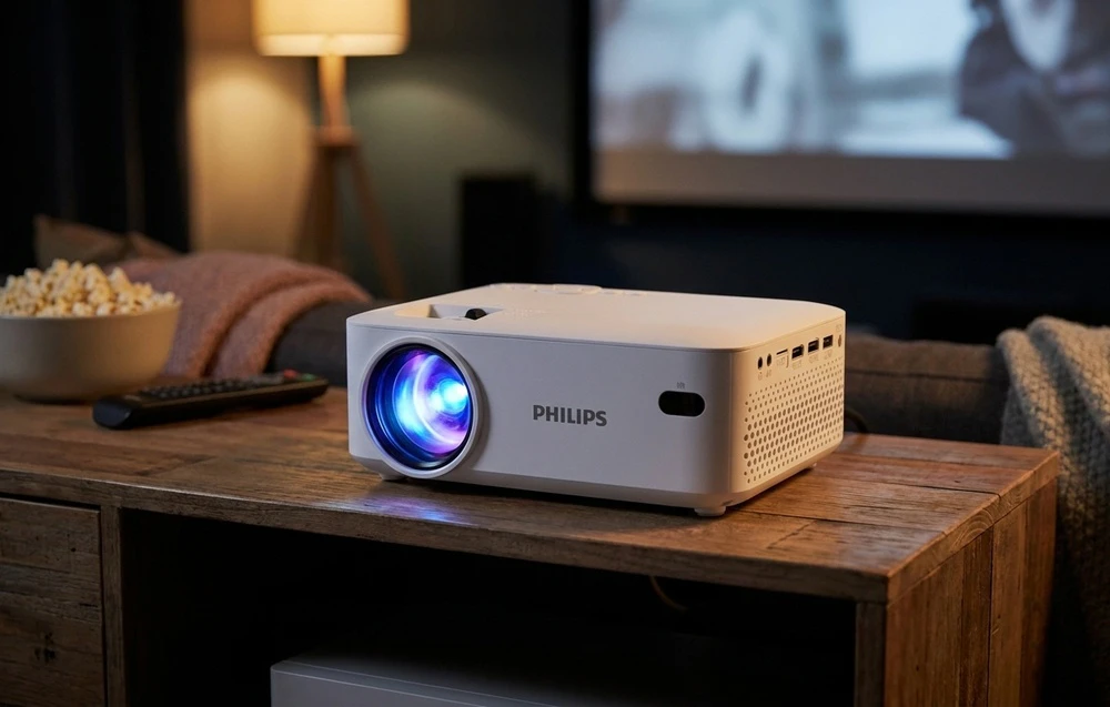 Un proiector PHILIPS pornit așezat pe o masă din lemn lângă o telecomandă și un bol cu popcorn într-o cameră întunecată