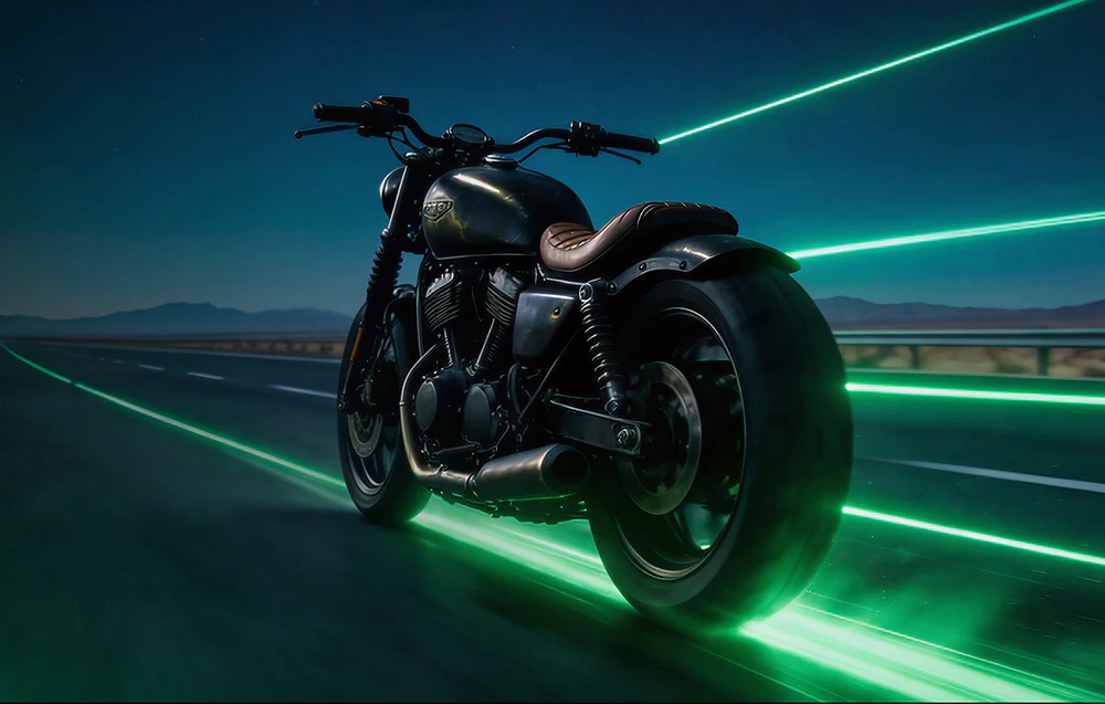 O motocicletă neagră circulă pe autostradă noaptea, înconjurată de dungi de lumină verde