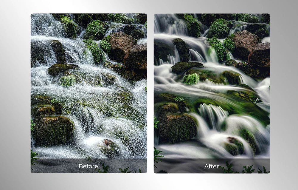 Comparație între o fotografie a unei cascade înainte și după aplicarea unui filtru, care arată efectul estompării mișcării.