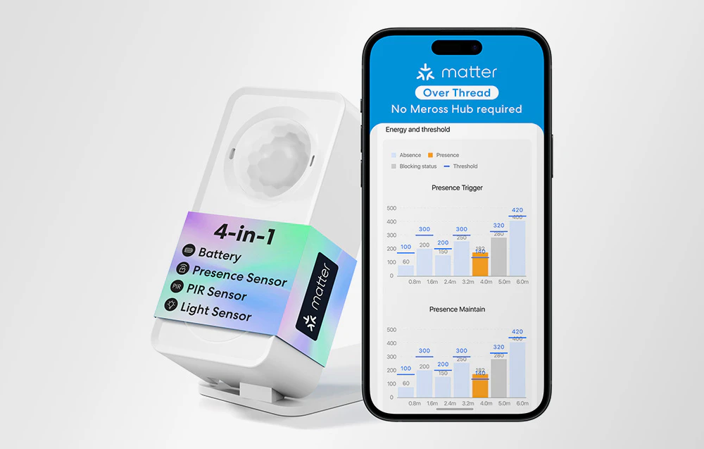 Senzor inteligent de prezență lângă un smartphone cu aplicația pornită